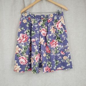 Vintage Cottagacore Linen Cotton High Waisted Pleated Shorts Purple Floral